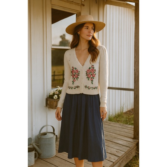 Vintage Sweaters - Vintage floral embroidered embellished pearl sweater cardigan small cottagecore‎